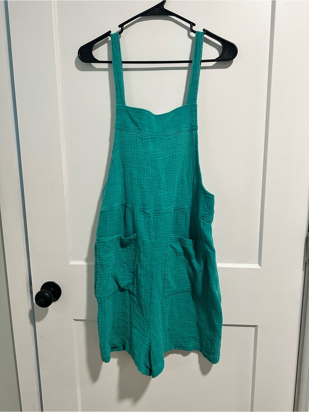 New In Teal Cotton Gauze Romper with Front Pockets